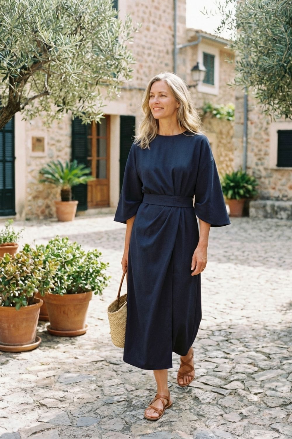 Women's Midi Dress with Belt and Wide Sleeves