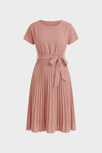 Pleated Skirt Midi Dress for Women with Belt