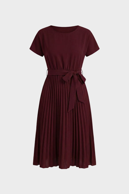Pleated Skirt Midi Dress for Women with Belt