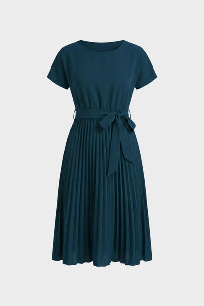 Pleated Skirt Midi Dress for Women with Belt