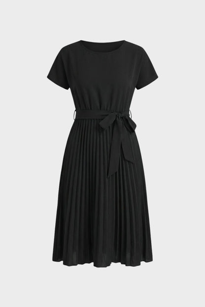 Pleated Skirt Midi Dress for Women with Belt
