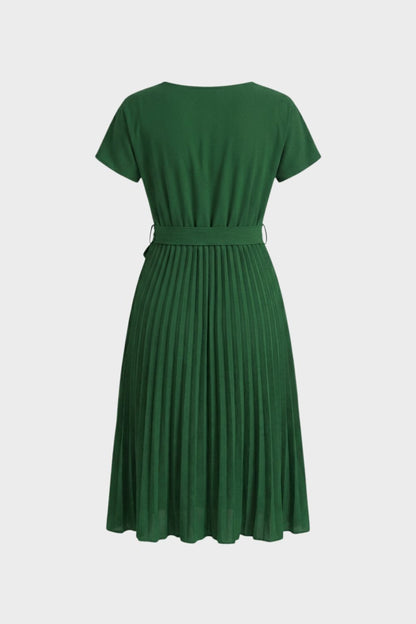 Pleated Skirt Midi Dress for Women with Belt