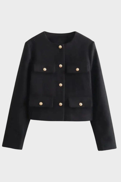 Women's Short Round Neck Jacket with Buttons and Pockets