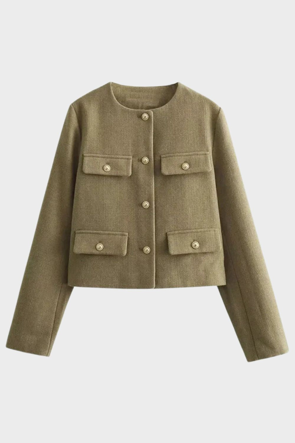 Women's Short Round Neck Jacket with Buttons and Pockets