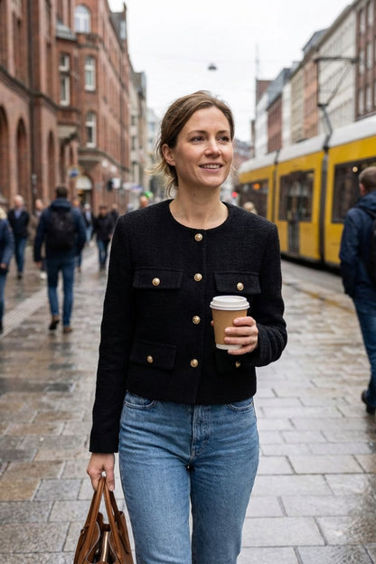 Women's Short Round Neck Jacket with Buttons and Pockets