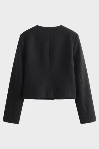 Women's Short Round Neck Jacket with Buttons and Pockets