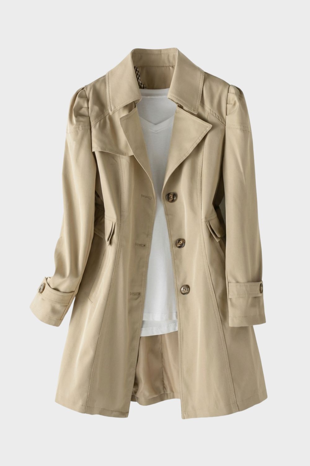 Women's Notched Collar Trench Coat with Button Placket