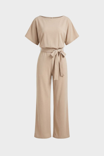 Women's Short Sleeve Long Jumpsuit with Tie Belt