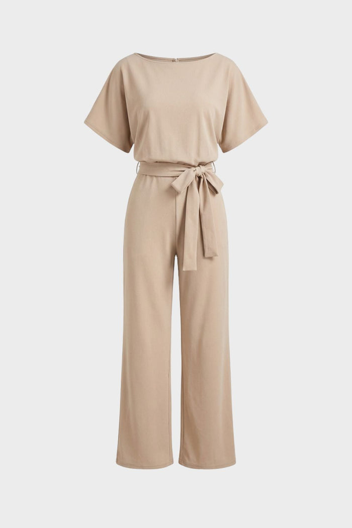 Women's Short Sleeve Long Jumpsuit with Tie Belt