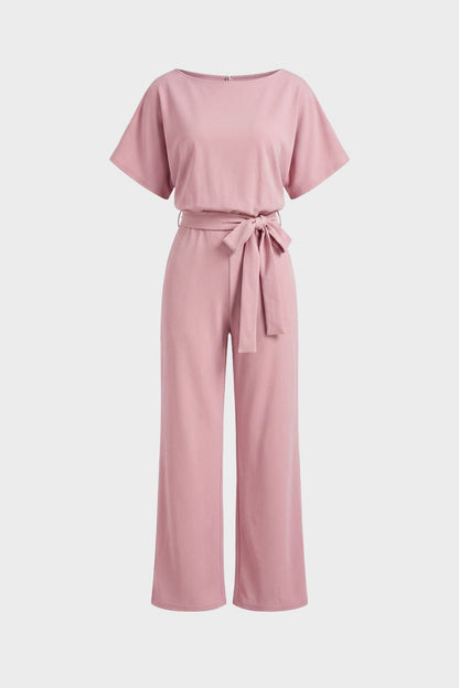 Women's Short Sleeve Long Jumpsuit with Tie Belt