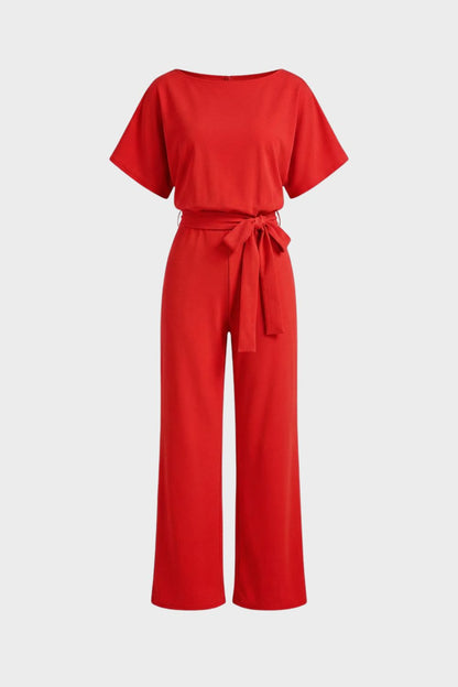 Women's Short Sleeve Long Jumpsuit with Tie Belt