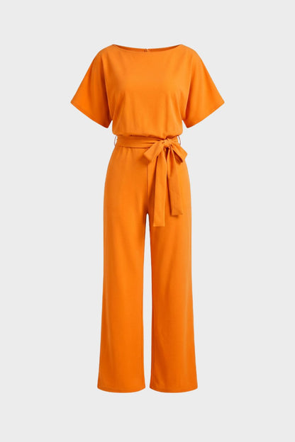 Women's Short Sleeve Long Jumpsuit with Tie Belt