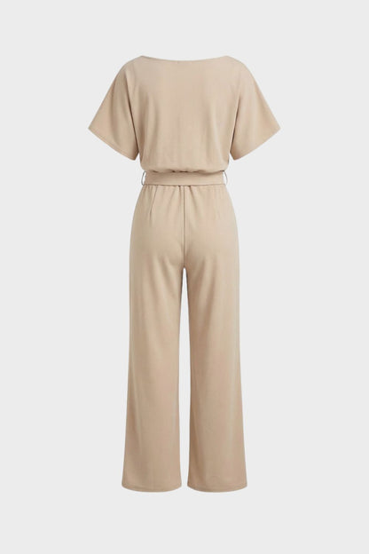 Women's Short Sleeve Long Jumpsuit with Tie Belt