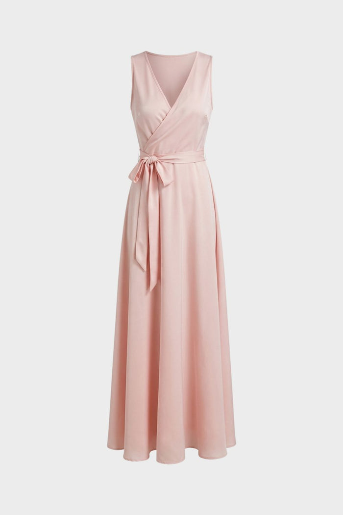 V-Neck Maxi Dress for Women with Tie Belt
