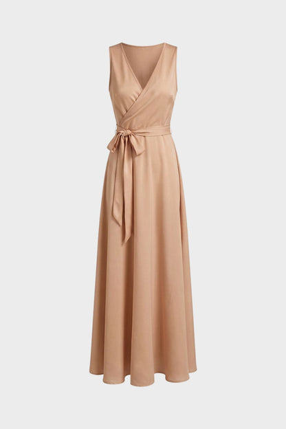 V-Neck Maxi Dress for Women with Tie Belt