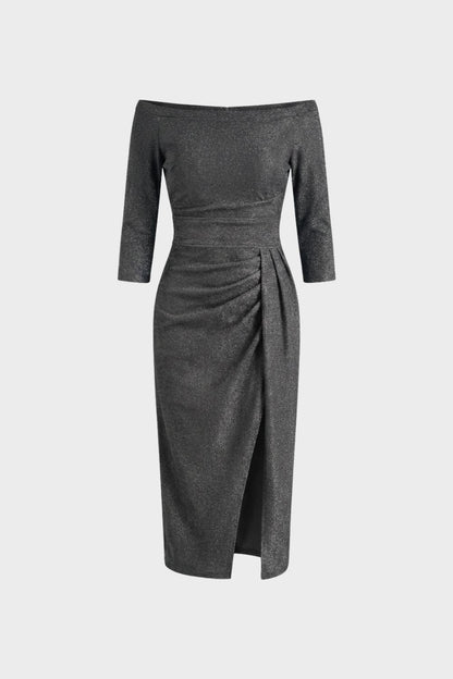 Women's Midi Dress with Boat Neck and Draping
