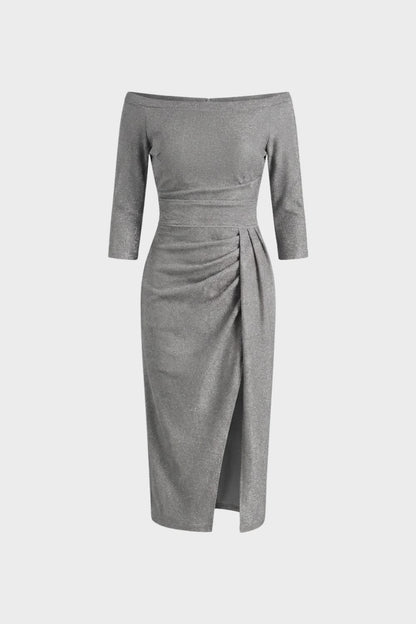 Women's Midi Dress with Boat Neck and Draping