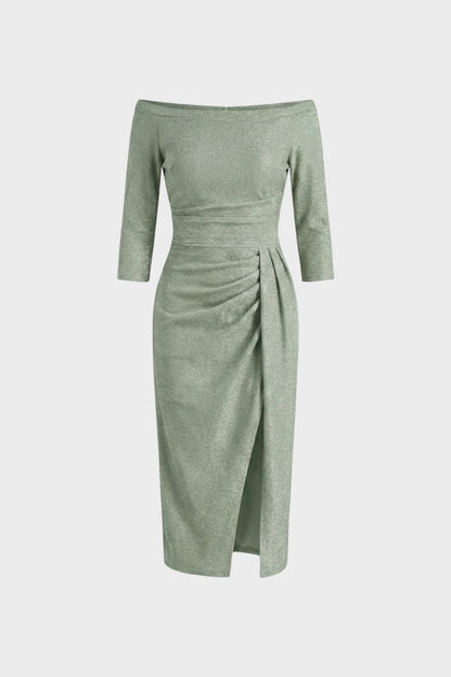 Women's Midi Dress with Boat Neck and Draping