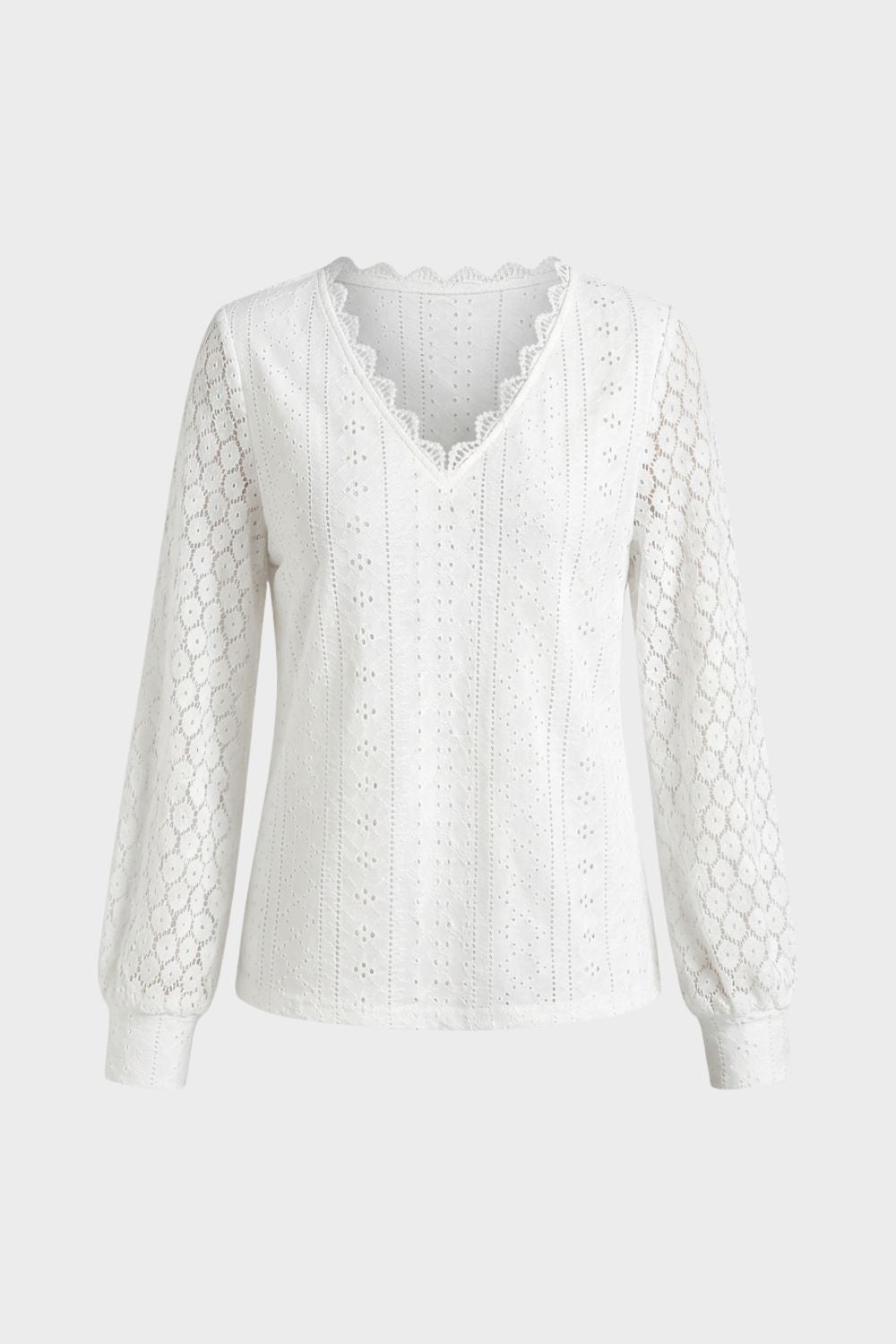 Women's V-Neck Long Sleeve Blouse with Lace Pattern