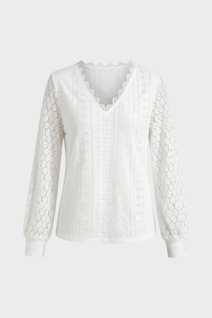 Women's V-Neck Long Sleeve Blouse with Lace Pattern
