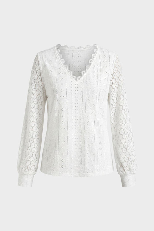 Women's V-Neck Long Sleeve Blouse with Lace Pattern