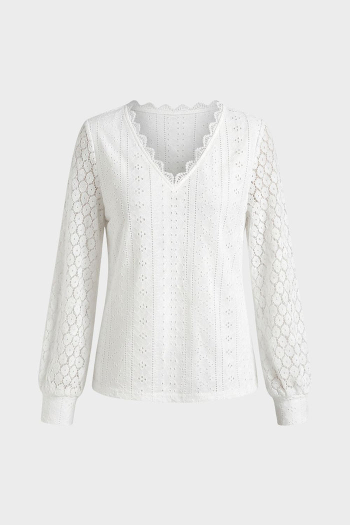 Women's V-Neck Long Sleeve Blouse with Lace Pattern