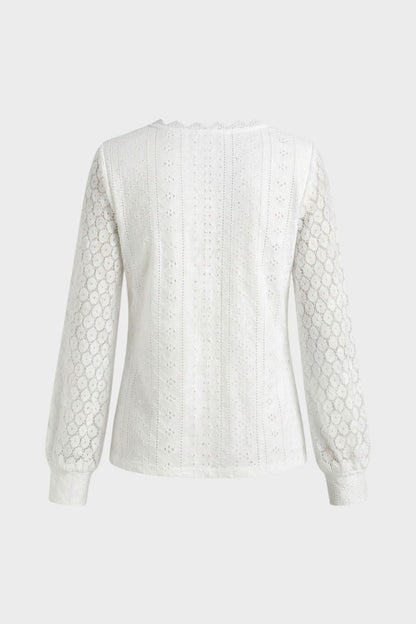 Women's V-Neck Long Sleeve Blouse with Lace Pattern