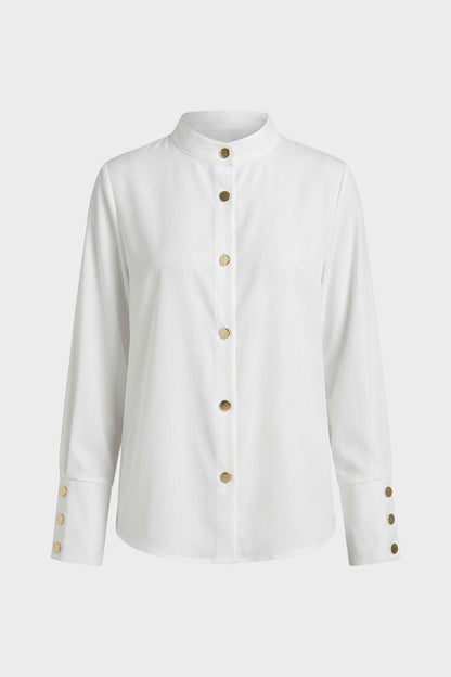 Women's Long Sleeve Blouse with Stand-Up Collar and Button Placket