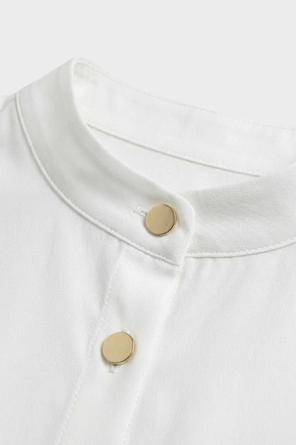 Women's Long Sleeve Blouse with Stand-Up Collar and Button Placket