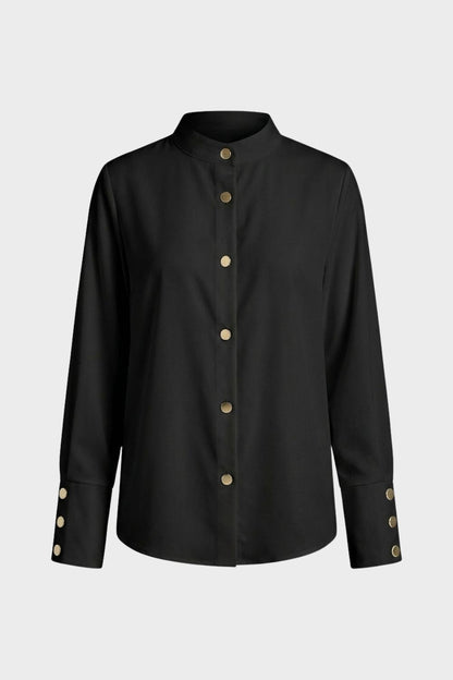 Women's Long Sleeve Blouse with Stand-Up Collar and Button Placket