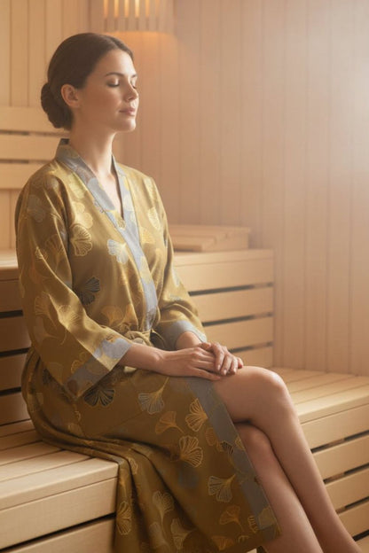 Knee-Length Women's Kimono Bathrobe with Belt and Pattern