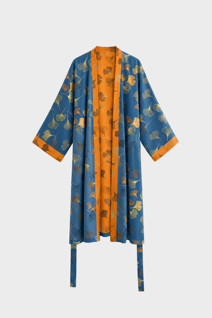 Knee-Length Women's Kimono Bathrobe with Belt and Pattern