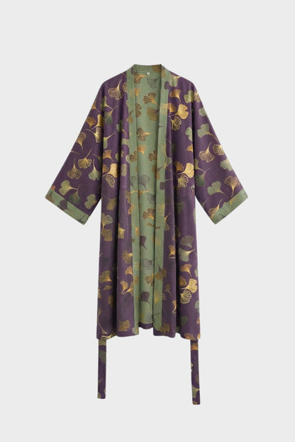 Knee-Length Women's Kimono Bathrobe with Belt and Pattern