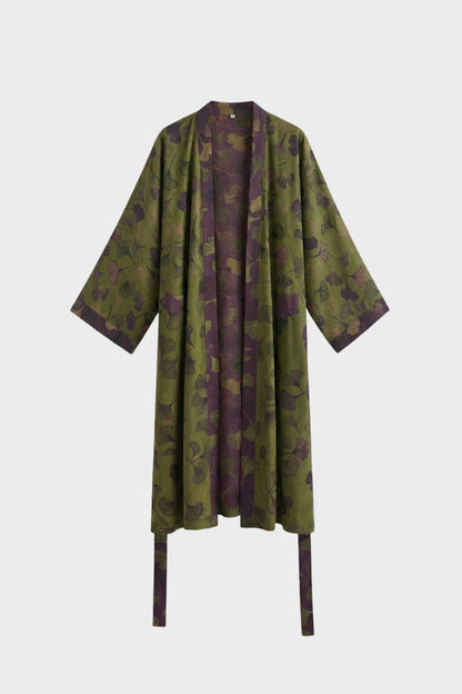 Knee-Length Women's Kimono Bathrobe with Belt and Pattern