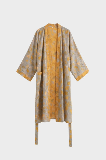 Knee-Length Women's Kimono Bathrobe with Belt and Pattern