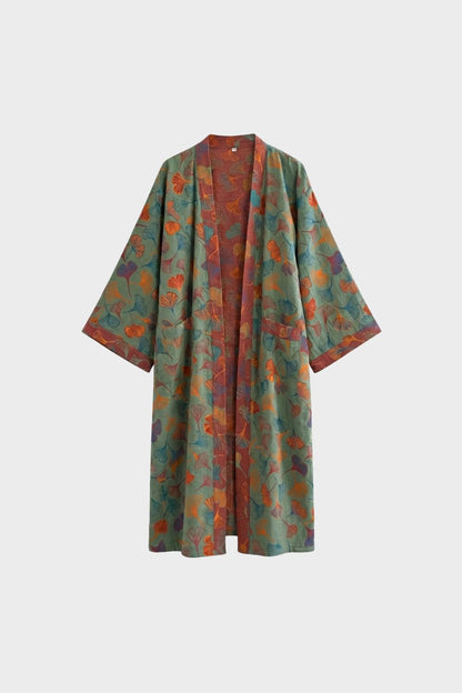 Knee-Length Women's Kimono Bathrobe with Belt and Pattern