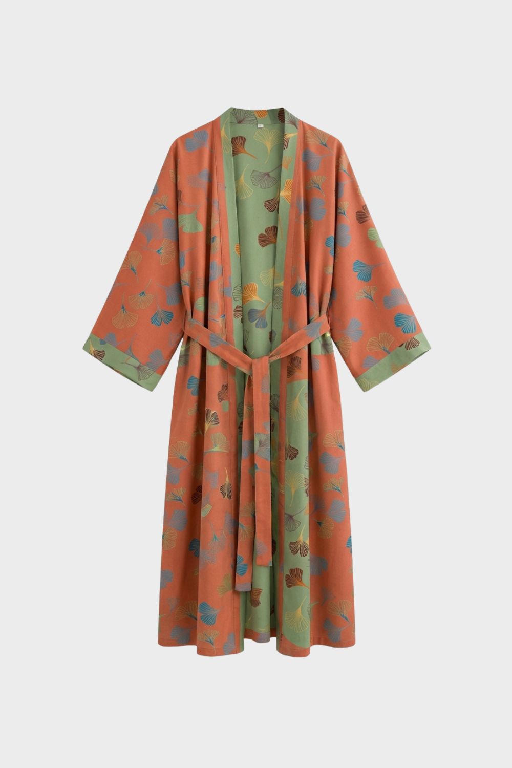 Knee-Length Women's Kimono Bathrobe with Belt and Pattern