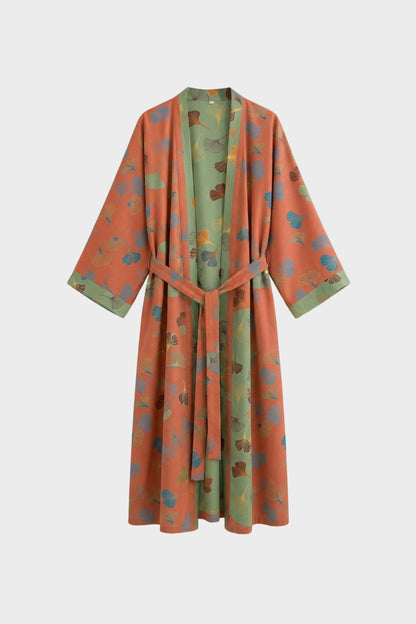Knee-Length Women's Kimono Bathrobe with Belt and Pattern