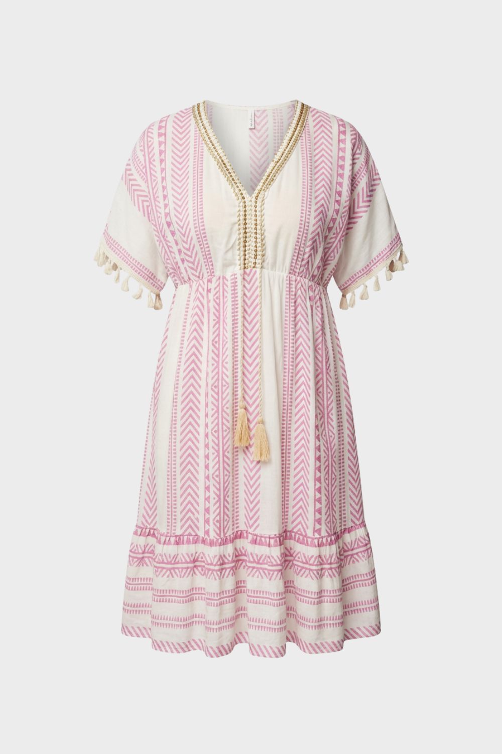 V-Neck Summer Dress for Women with Pattern and Tassels