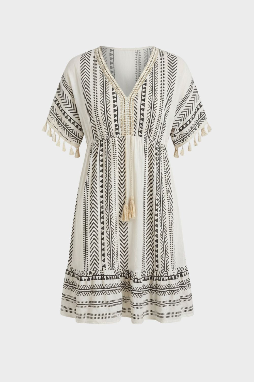 V-Neck Summer Dress for Women with Pattern and Tassels