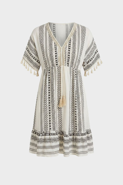 V-Neck Summer Dress for Women with Pattern and Tassels