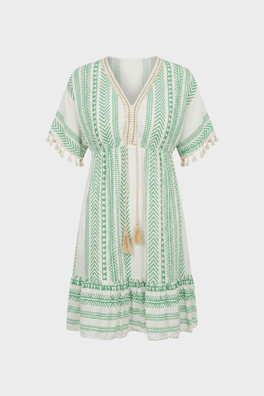 V-Neck Summer Dress for Women with Pattern and Tassels
