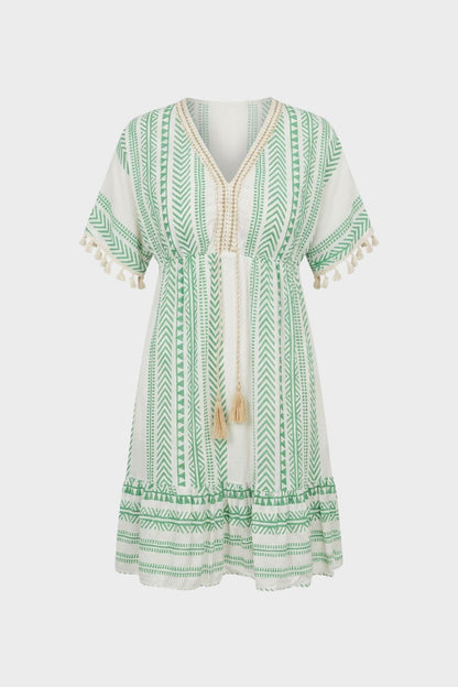 V-Neck Summer Dress for Women with Pattern and Tassels