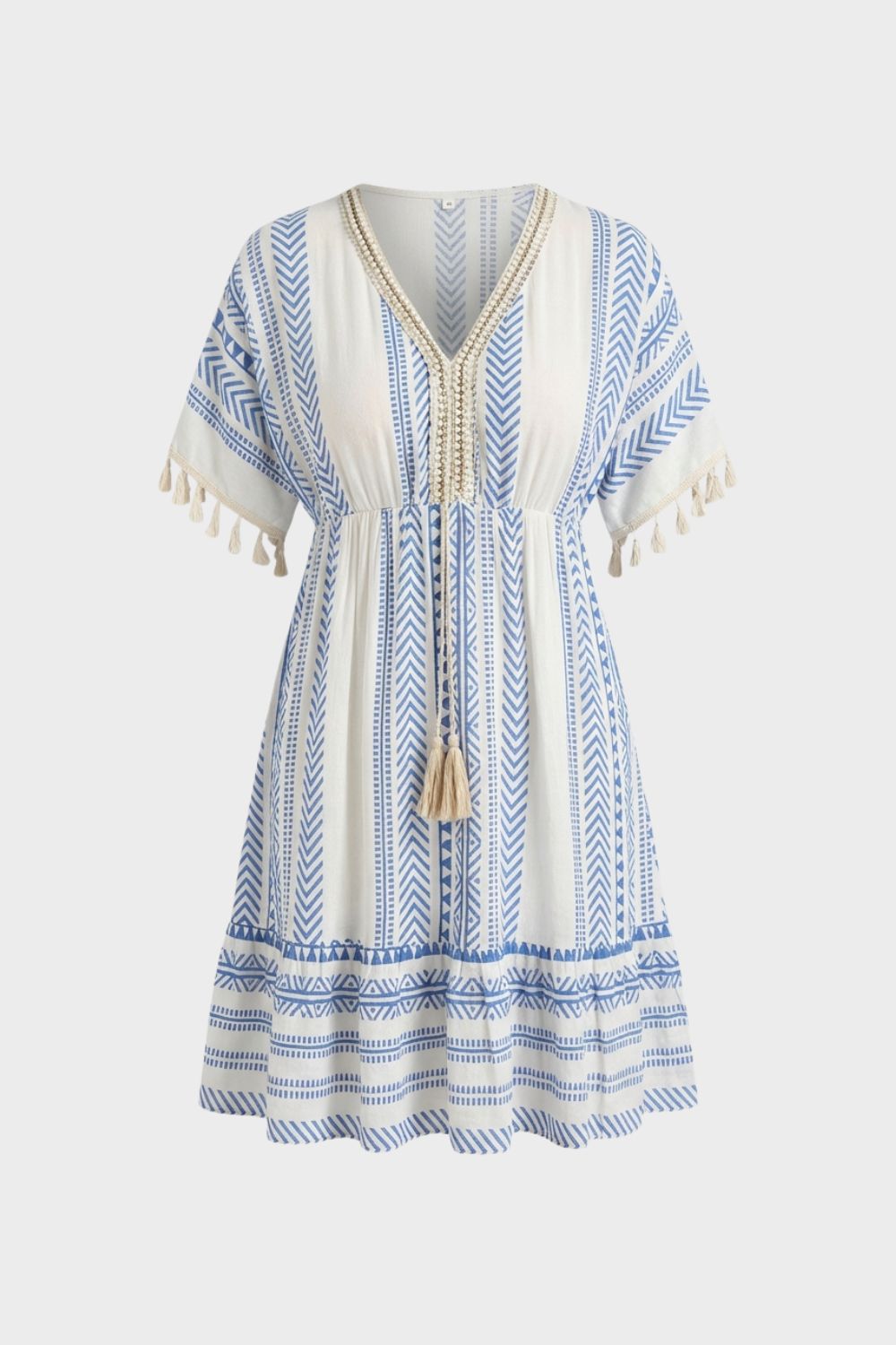 V-Neck Summer Dress for Women with Pattern and Tassels