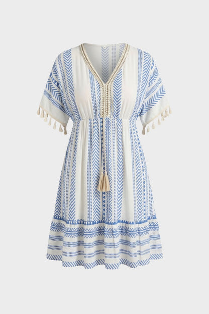 V-Neck Summer Dress for Women with Pattern and Tassels