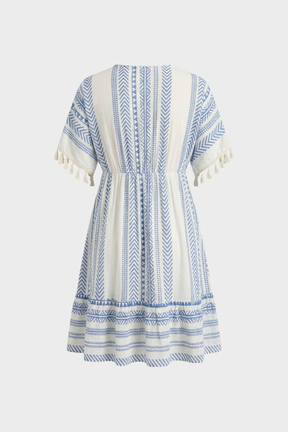 V-Neck Summer Dress for Women with Pattern and Tassels