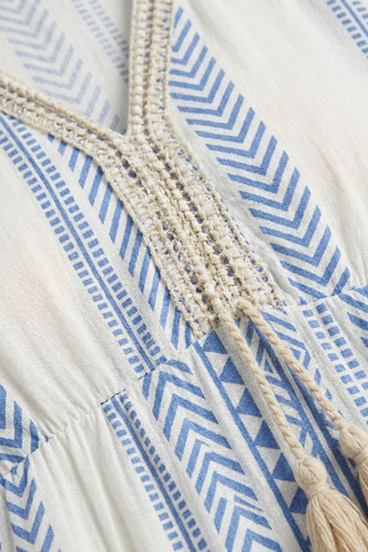 V-Neck Summer Dress for Women with Pattern and Tassels