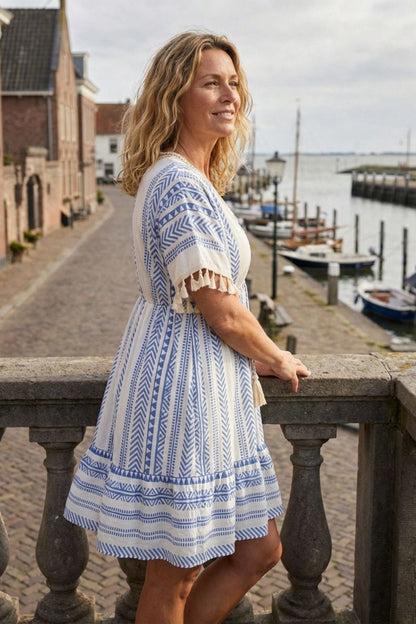 V-Neck Summer Dress for Women with Pattern and Tassels