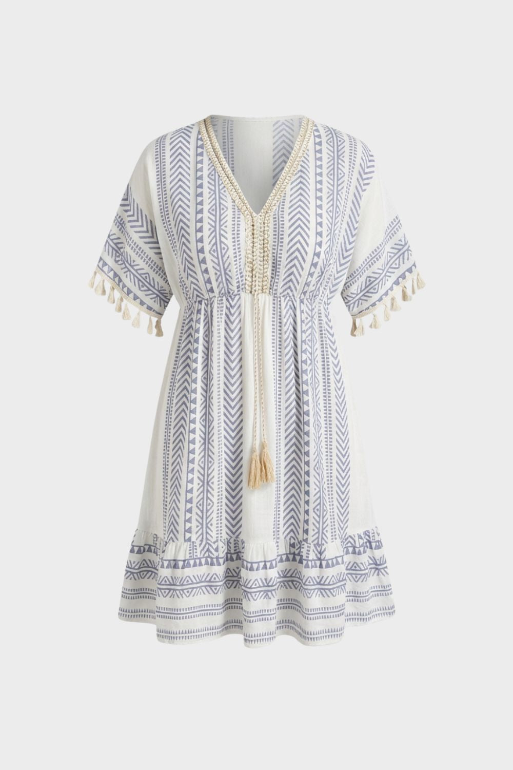 V-Neck Summer Dress for Women with Pattern and Tassels