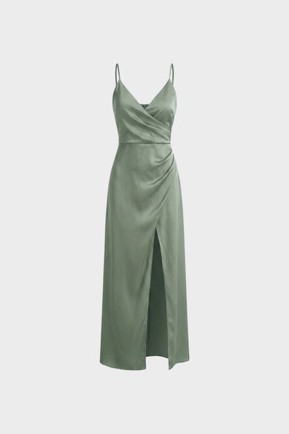 Women's Satin Maxi Dress with Wrap Design and Slit